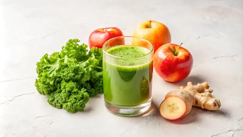 Fresh green juice served between morning yoga classes
