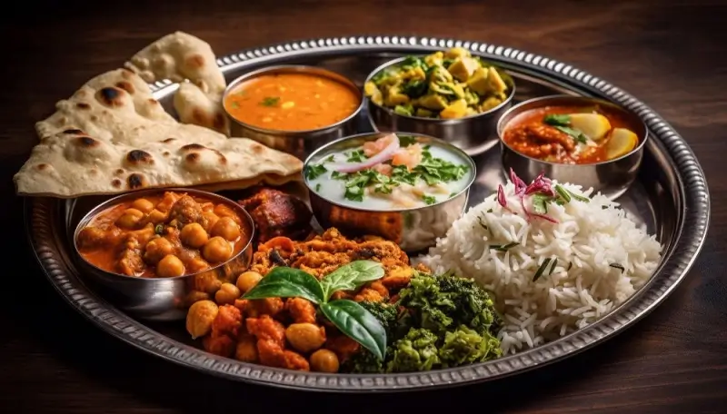 Sattvic vegetarian plate with dal, seasonal vegetables, rice and salad served at the festival